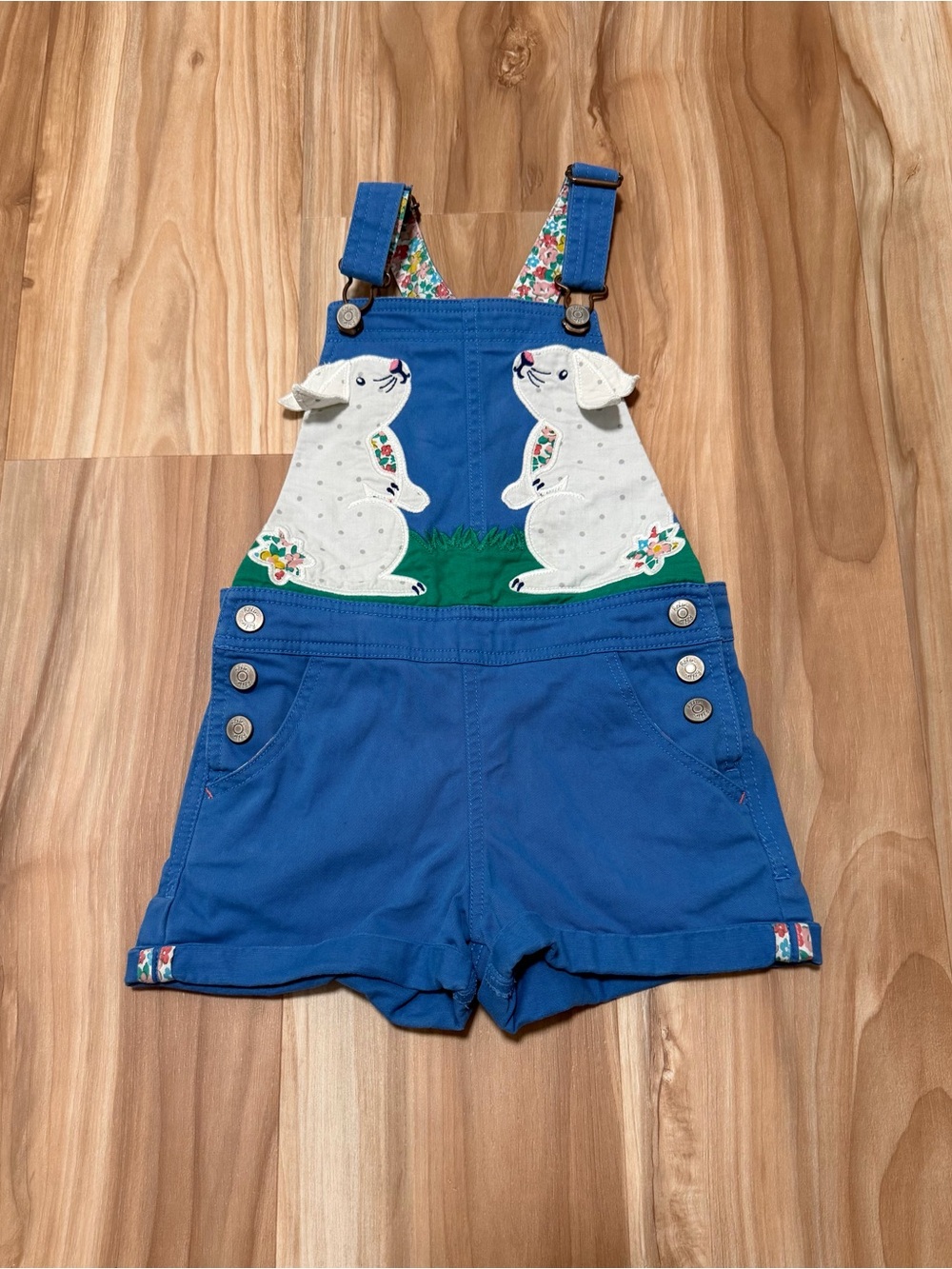 Mini Boden Bunny Applique Blue Shortall Overalls